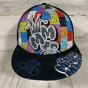 Disney Parks Mickey Mouse Fitted Hat Black Graffiti Hip Hop Stretch Cap Adult OS